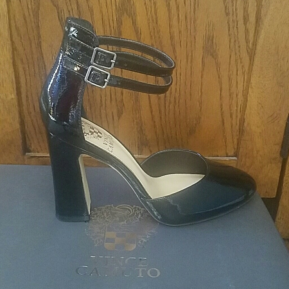 Vince Camuto Black Patent ankle strap heels